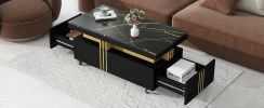 [VIDEO provided] ON-TREND Contemporary Coffee Table with Faux Marble Top, Rectangle Cocktail Table with Caster Wheels, Moderate Luxury Center Table wi